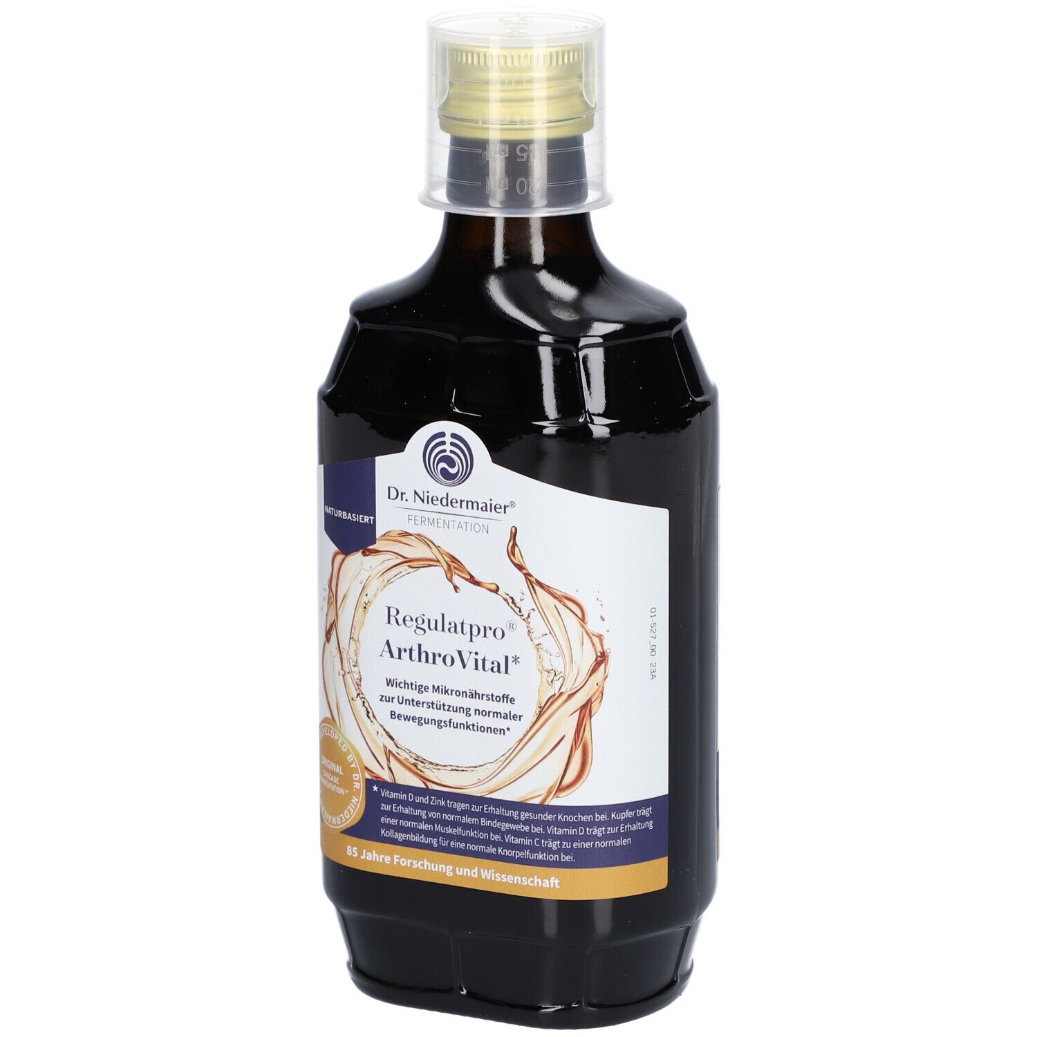 Braune Glasflasche mit weißem Etikett. Aufschrift: Dr. Niedermaier Regulatpro ArthroVital. Mit Schraubverschluss.