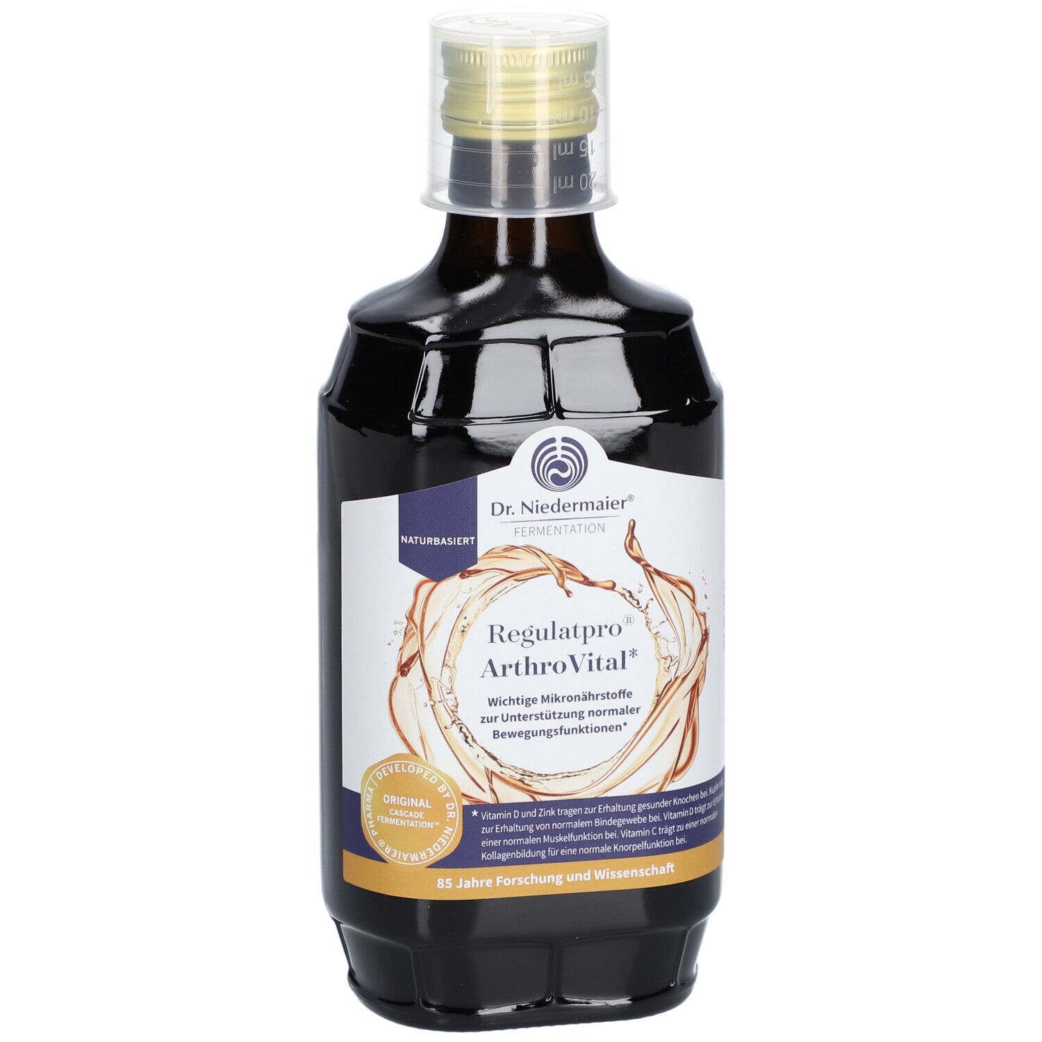 Braune Glasflasche mit weißem Etikett. Aufschrift: Dr. Niedermaier Regulatpro ArthroVital. Mit Schraubverschluss.