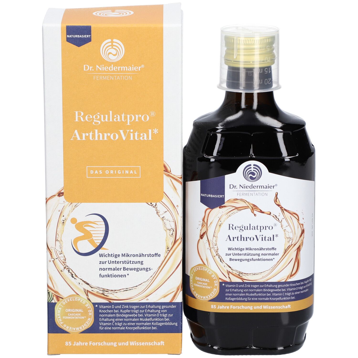 Braune Glasflasche und Karton. Aufschrift: Dr. Niedermaier Regulatpro ArthroVital. Mit Schraubverschluss.