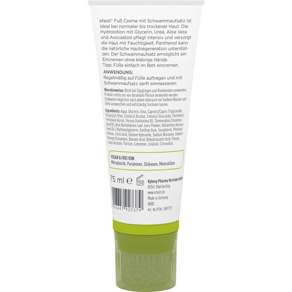 Rückseite der efasit Fuß Creme Tube. Text: Inhaltsstoffe, Anwendung, vegan & frei von. 75 ml.