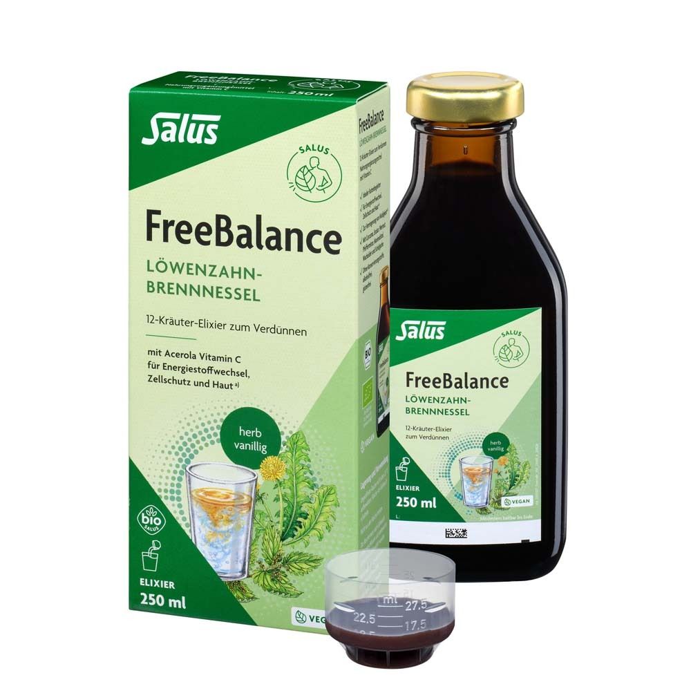 Salus FreeBalance Elixier, Flasche und Verpackung. Mit Messbecher. Bio-Siegel.