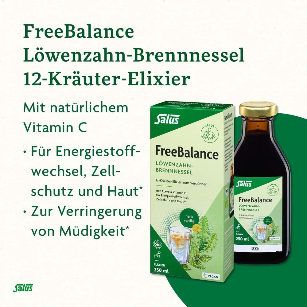 FreeBalance Elixier, Flasche und Verpackung. Text: 12-Kräuter-Elixier. Mit Vitamin C.
