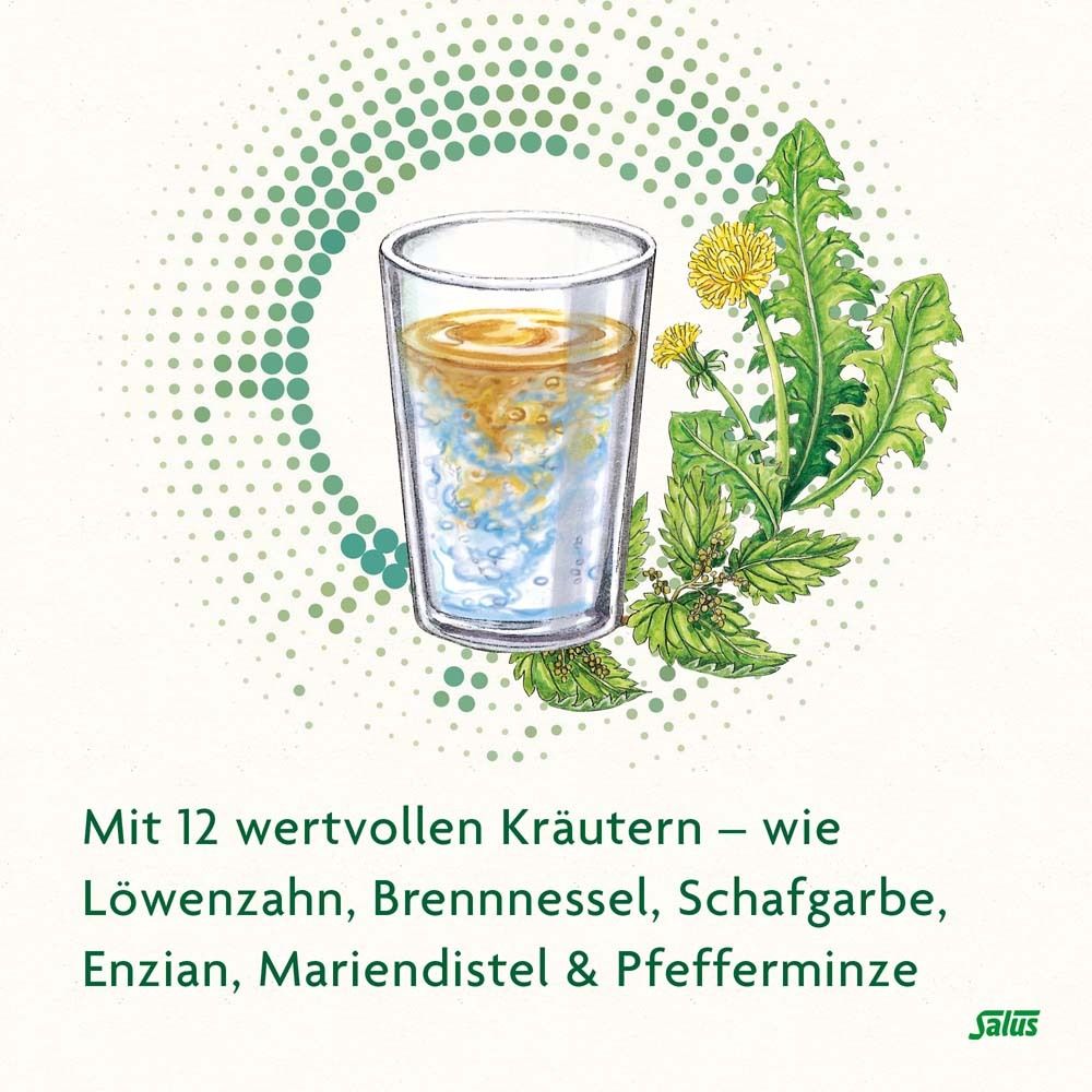 Glas mit Flüssigkeit. Kräuter-Illustrationen. Text: 12 wertvolle Kräuter.