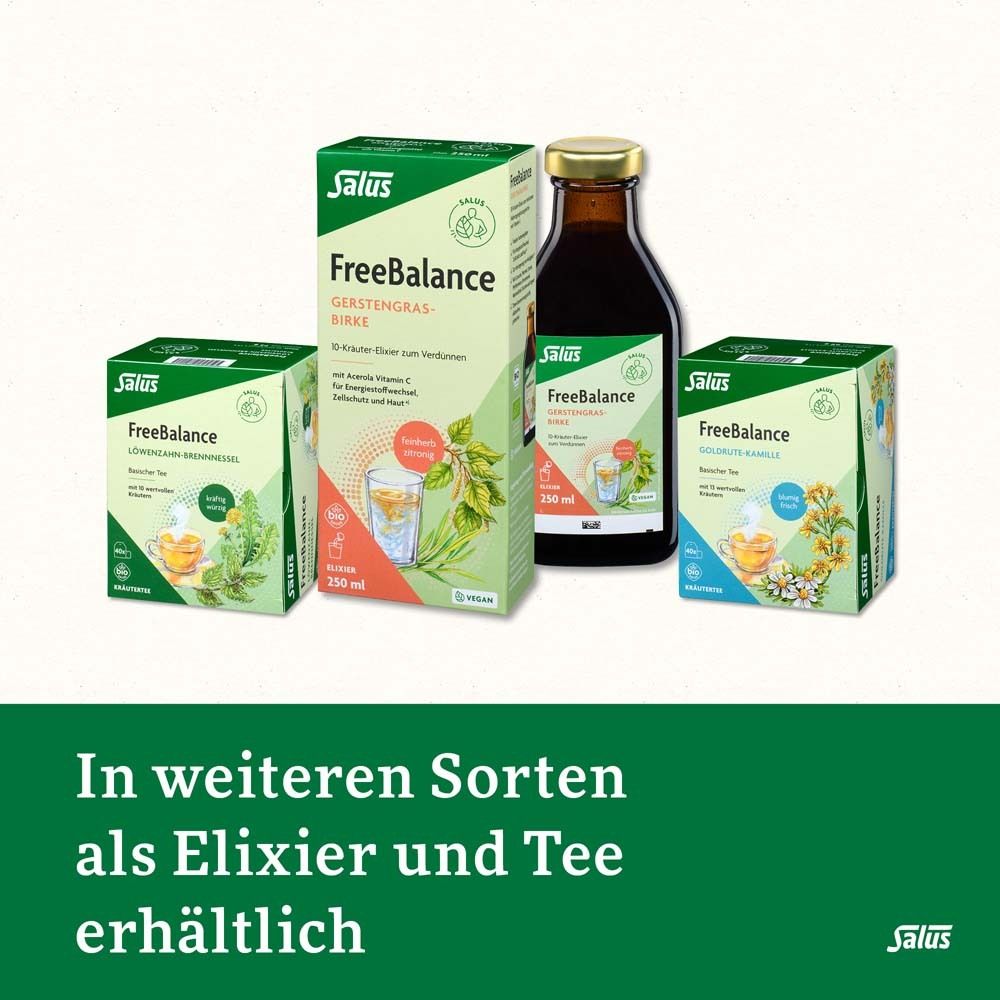 Verschiedene FreeBalance Produkte: Elixier und Tee. Verpackungen und Flasche.