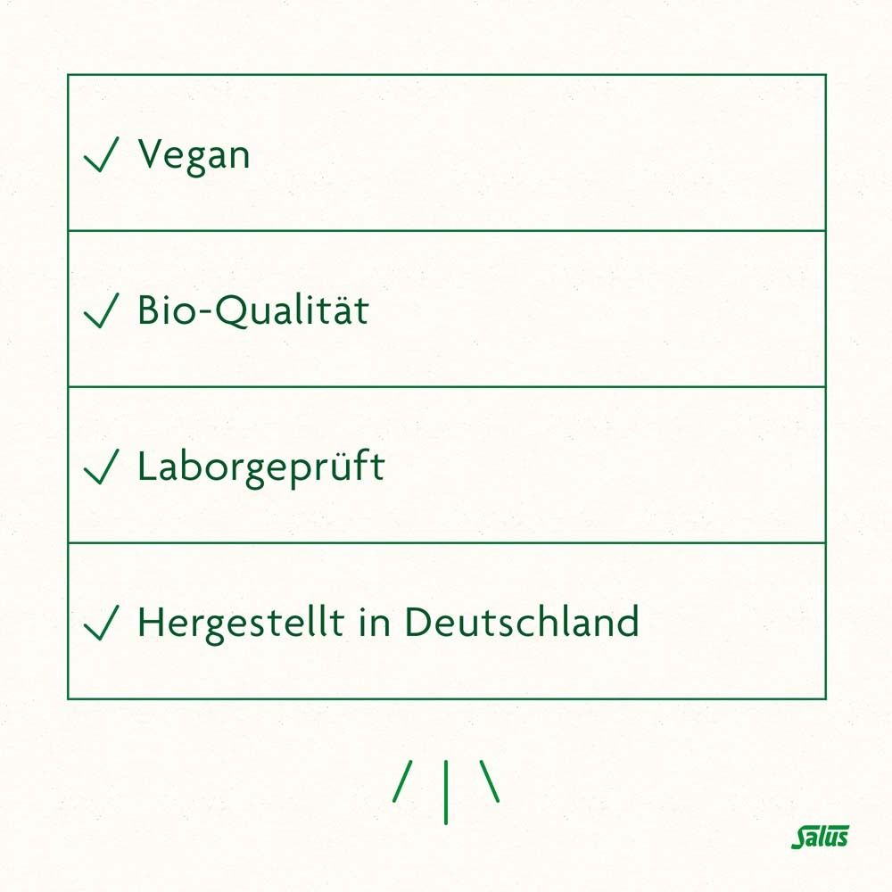 Text: Vegan, Bio-Qualität, Laborgeprüft, Hergestellt in Deutschland. Salus Logo.