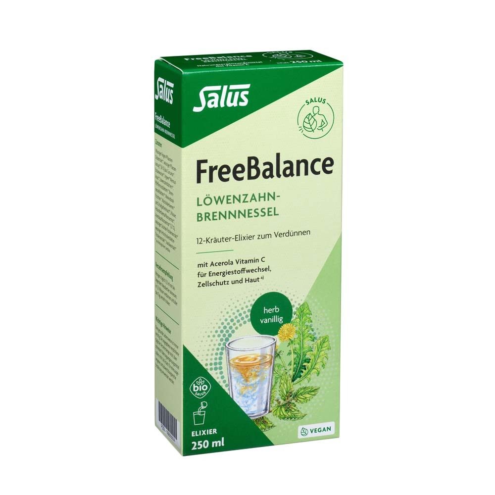 FreeBalance Elixier Verpackung. Text: 12-Kräuter-Elixier. Mit Vitamin C. Bio-Siegel.