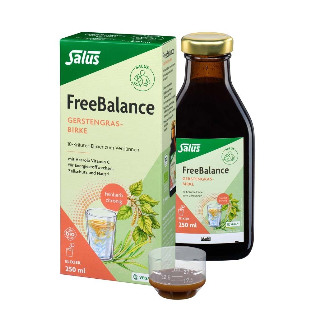 Salus FreeBalance Gerstengras-Birke Elixier, Flasche und Verpackung. 250 ml. Mit Messbecher.