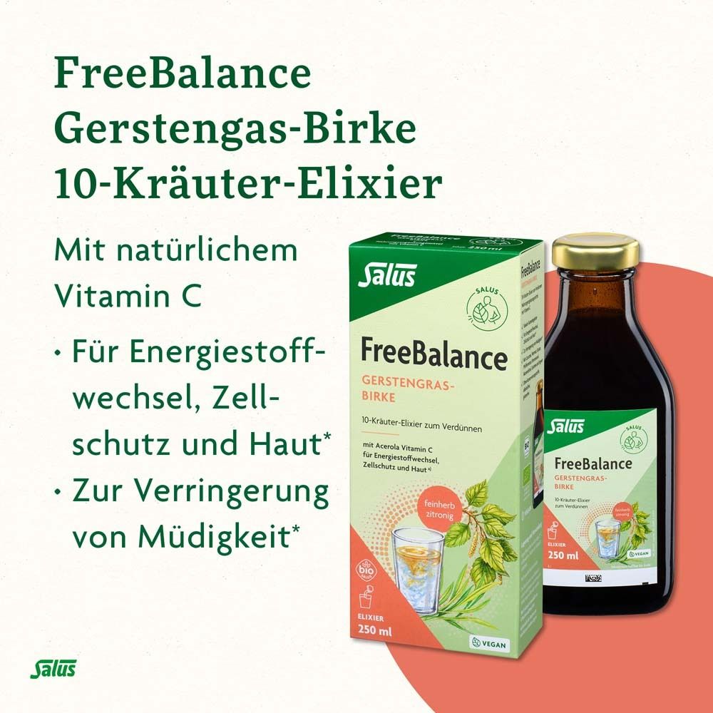 FreeBalance Gerstengras-Birke 10-Kräuter-Elixier. Flasche und Verpackung. Text: Vitamin C, Energie, Haut.