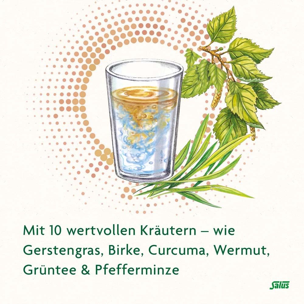 Glas mit Flüssigkeit, Kräuter und Blätter. Text: 10 Kräuter wie Gerstengras, Birke, Kurkuma, etc.
