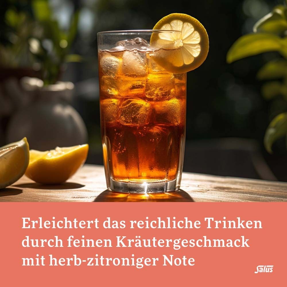 Glas mit Getränk, Zitrone. Text: Kräutergeschmack mit herb-zitroniger Note.