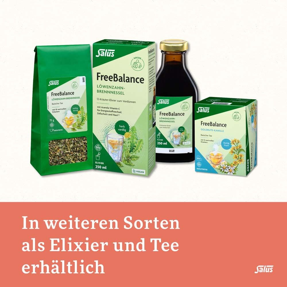 Verschiedene FreeBalance Produkte: Elixier, Tee. Verpackungen und Flasche. Salus Logo.