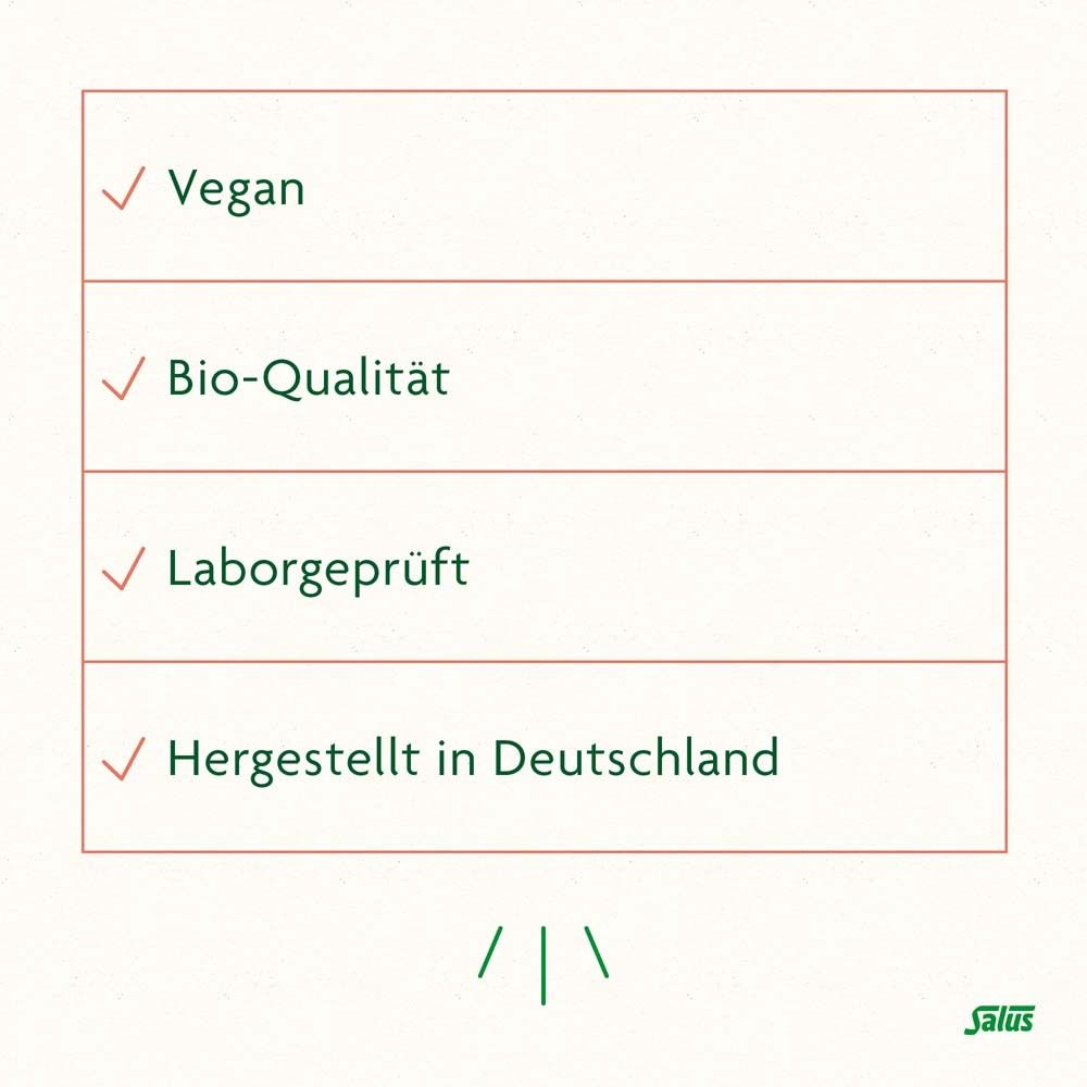 Text: Vegan, Bio-Qualität, Laborgeprüft, Hergestellt in Deutschland. Salus Logo.