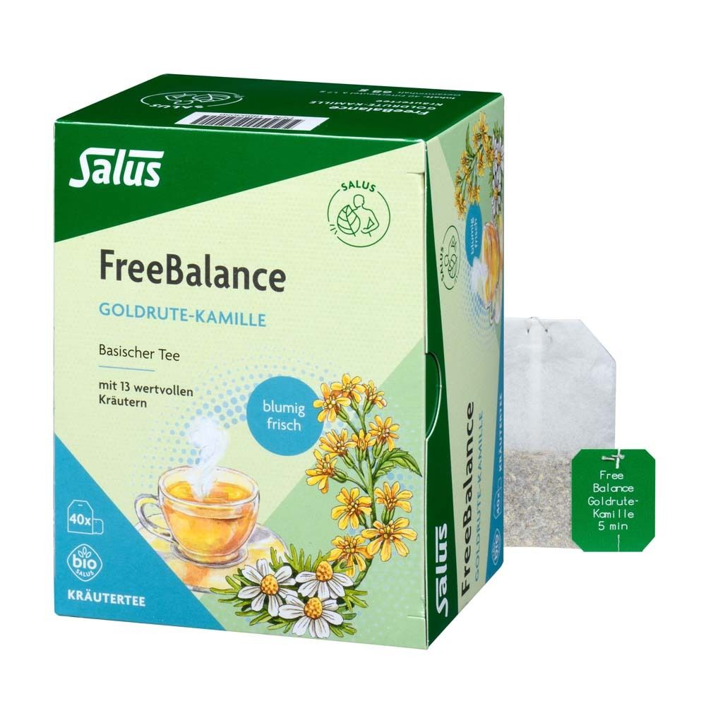 Salus FreeBalance Goldrute-Kamille Tee Bio. Grün-weiße Verpackung mit Teebeuteln. 40 Beutel, Kräutertee.
