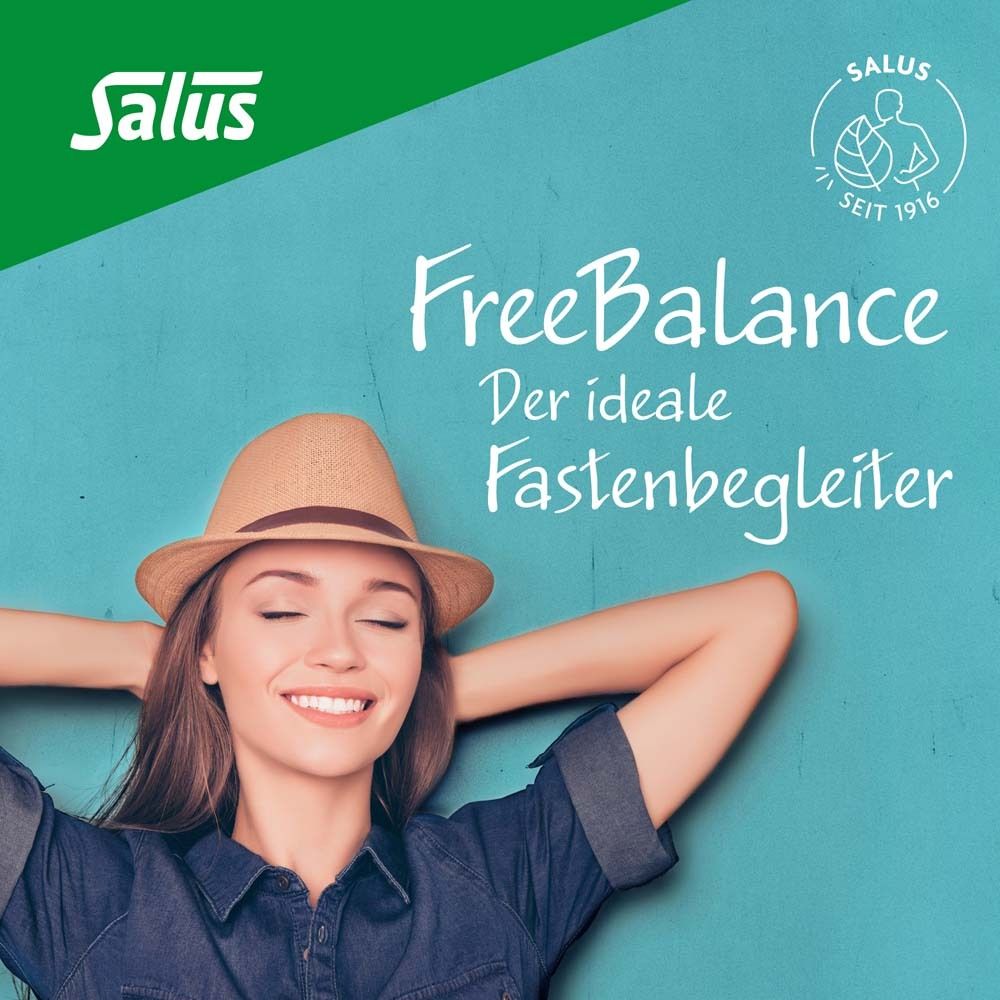 Frau mit Hut lächelt. Text: FreeBalance, Der ideale Fastenbegleiter. Hintergrund: Türkis.