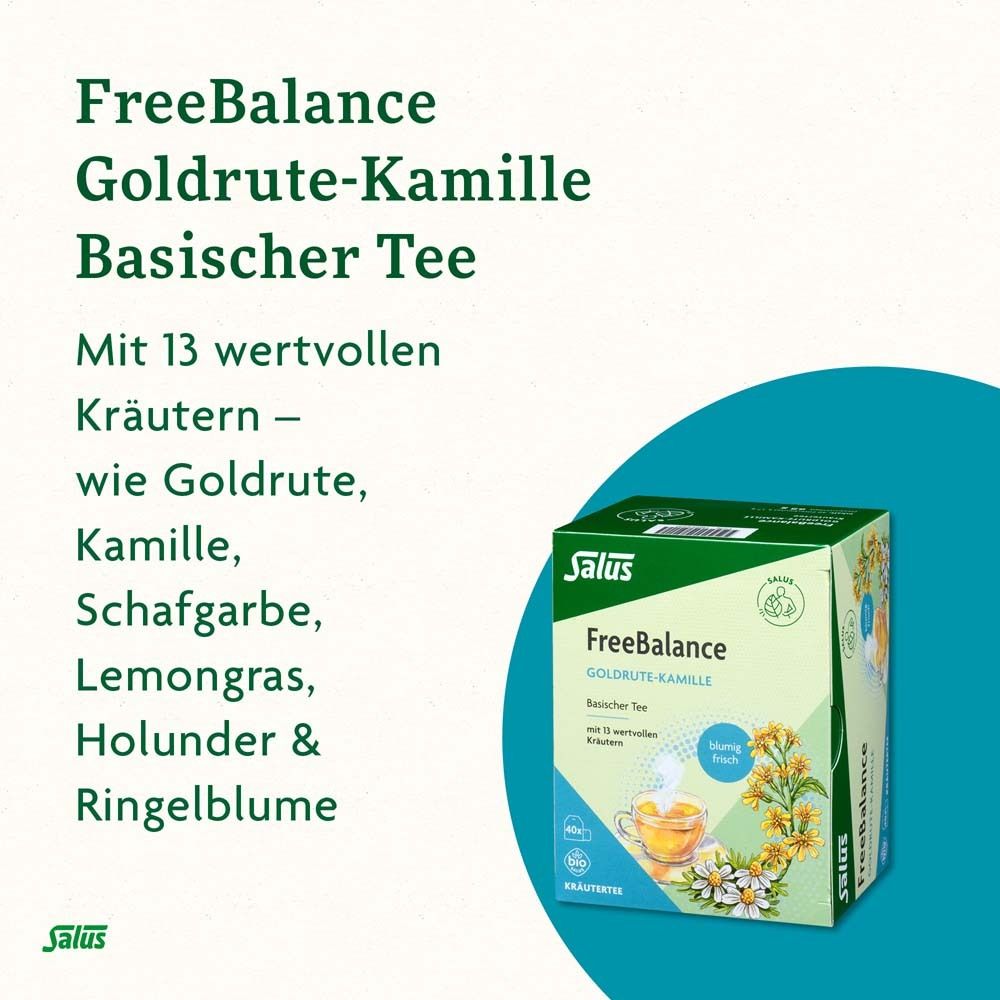 FreeBalance Goldrute-Kamille Basischer Tee. Text: Mit 13 wertvollen Kräutern. Verpackung mit Teebeuteln.