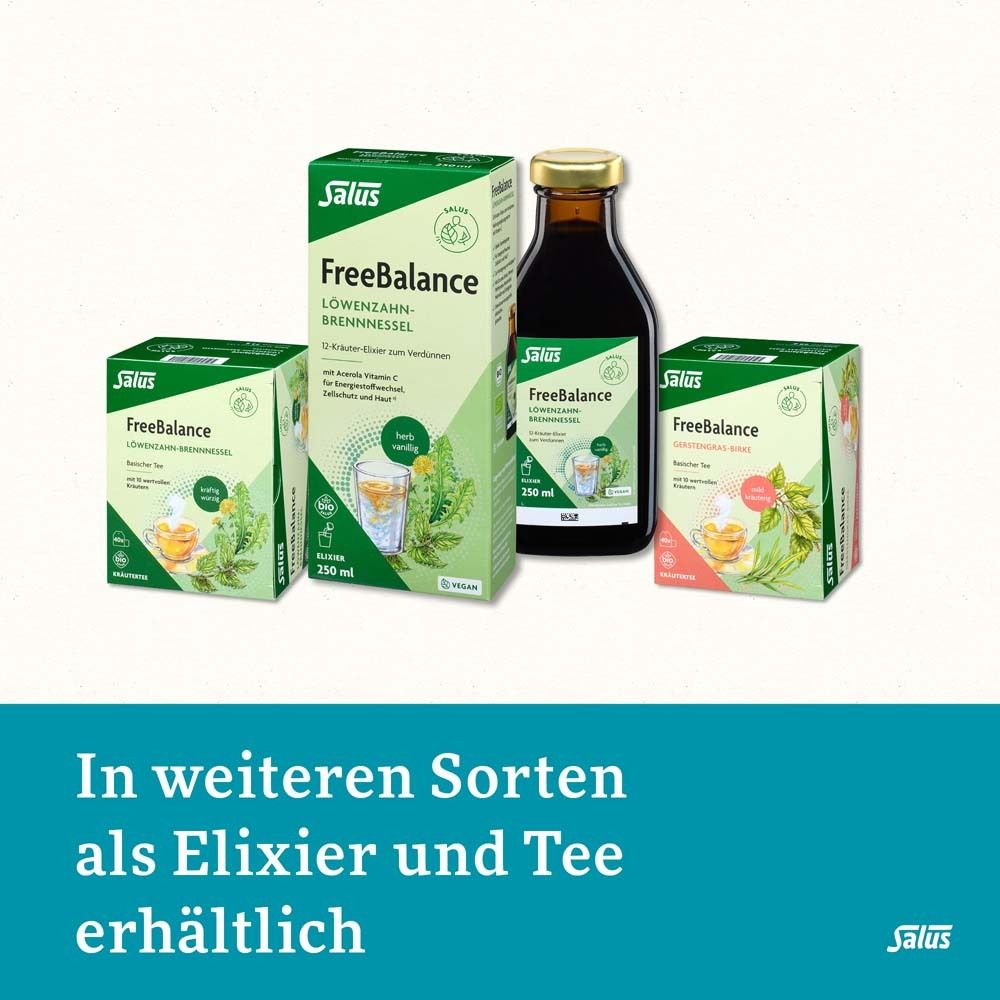 Verschiedene FreeBalance Produkte: Elixier und Tee. Flaschen und Tee-Verpackungen. Text: In weiteren Sorten erhältlich.