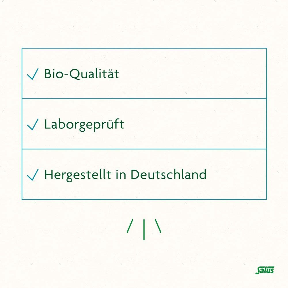 Text: Bio-Qualität, Laborgeprüft, Hergestellt in Deutschland. Salus Logo.