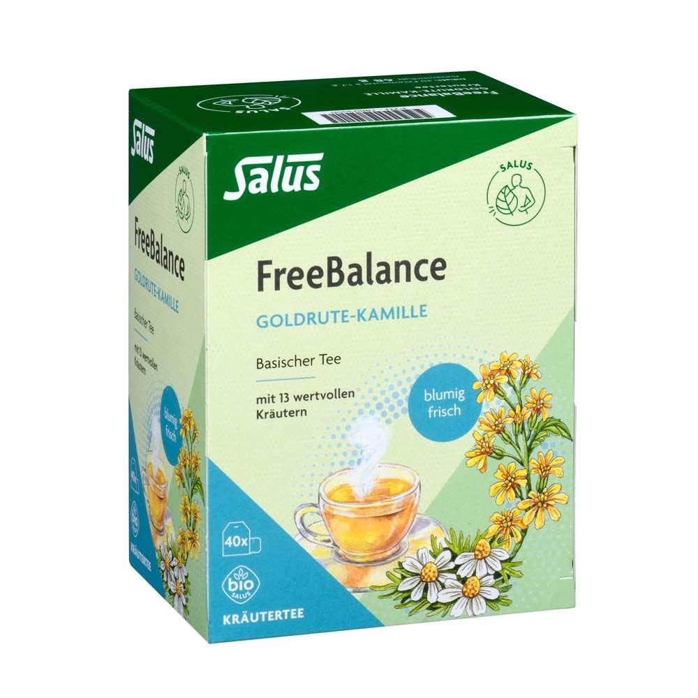 Salus FreeBalance Goldrute-Kamille Tee Bio. Grün-weiße Verpackung mit Teebeuteln. 40 Beutel, Kräutertee.