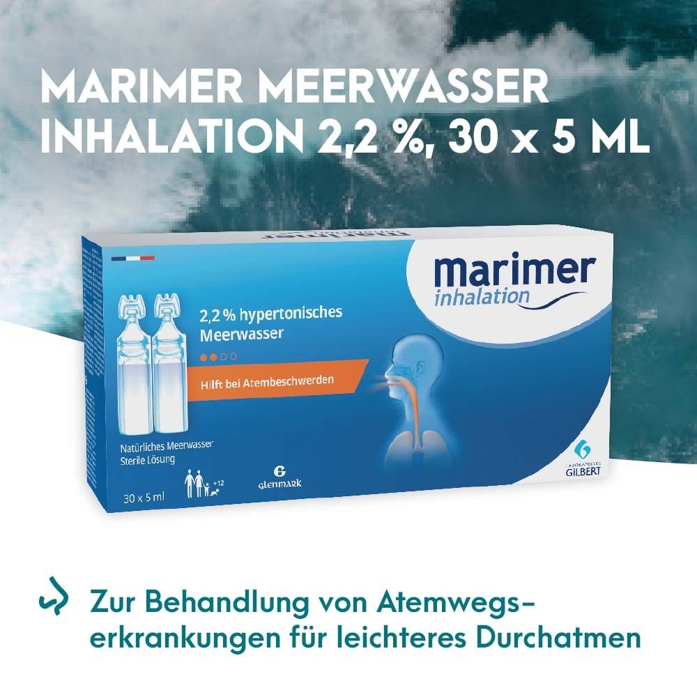 Werbung für MARIMER Inhalation. 30 x 5 ml. 2,2% hypertonisches Meerwasser. Hilft bei Atembeschwerden. Gilbert Logo.
