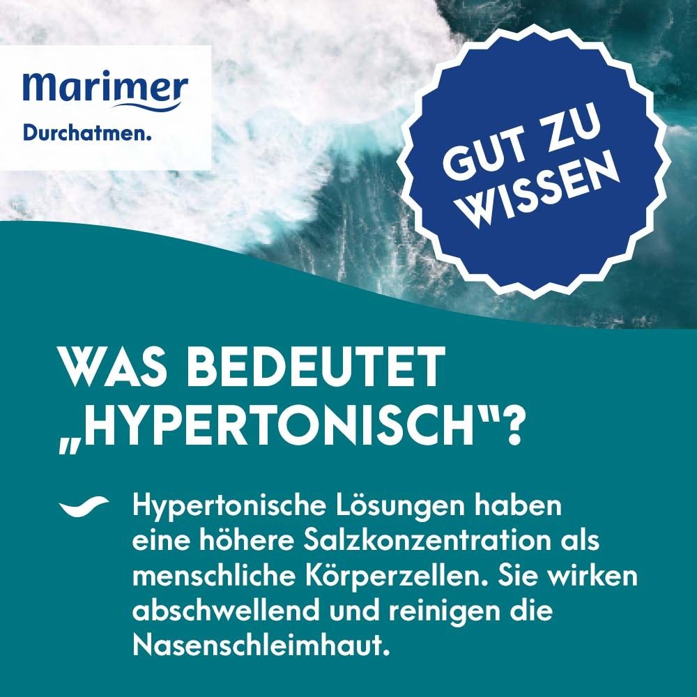 Informationen zu MARIMER Inhalation. Was bedeutet „hypertonisch“? Höhere Salzkonzentration.