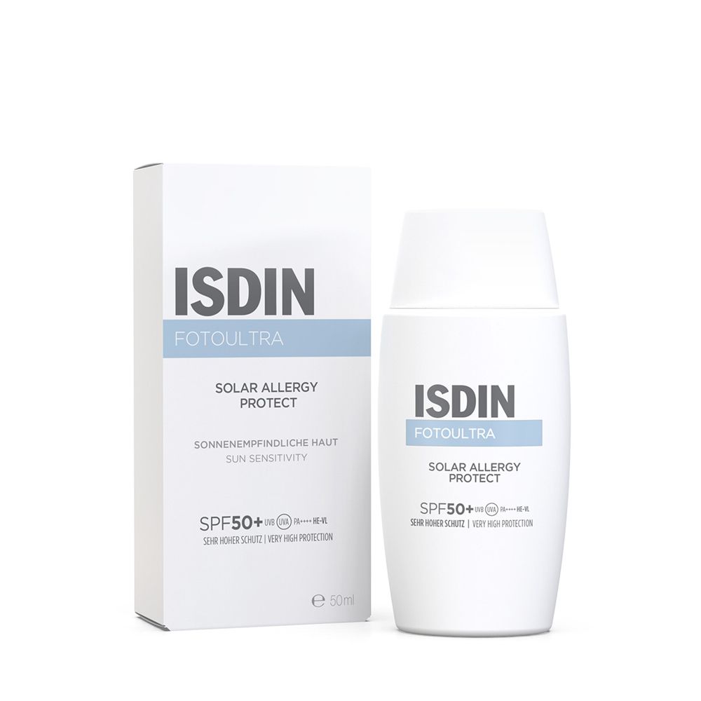 ISDIN FotoUltra Solar Allergy Protect LSF 50+ Sonnencreme und Verpackung. Weißes Fläschchen und Schachtel mit blauen Akzenten.