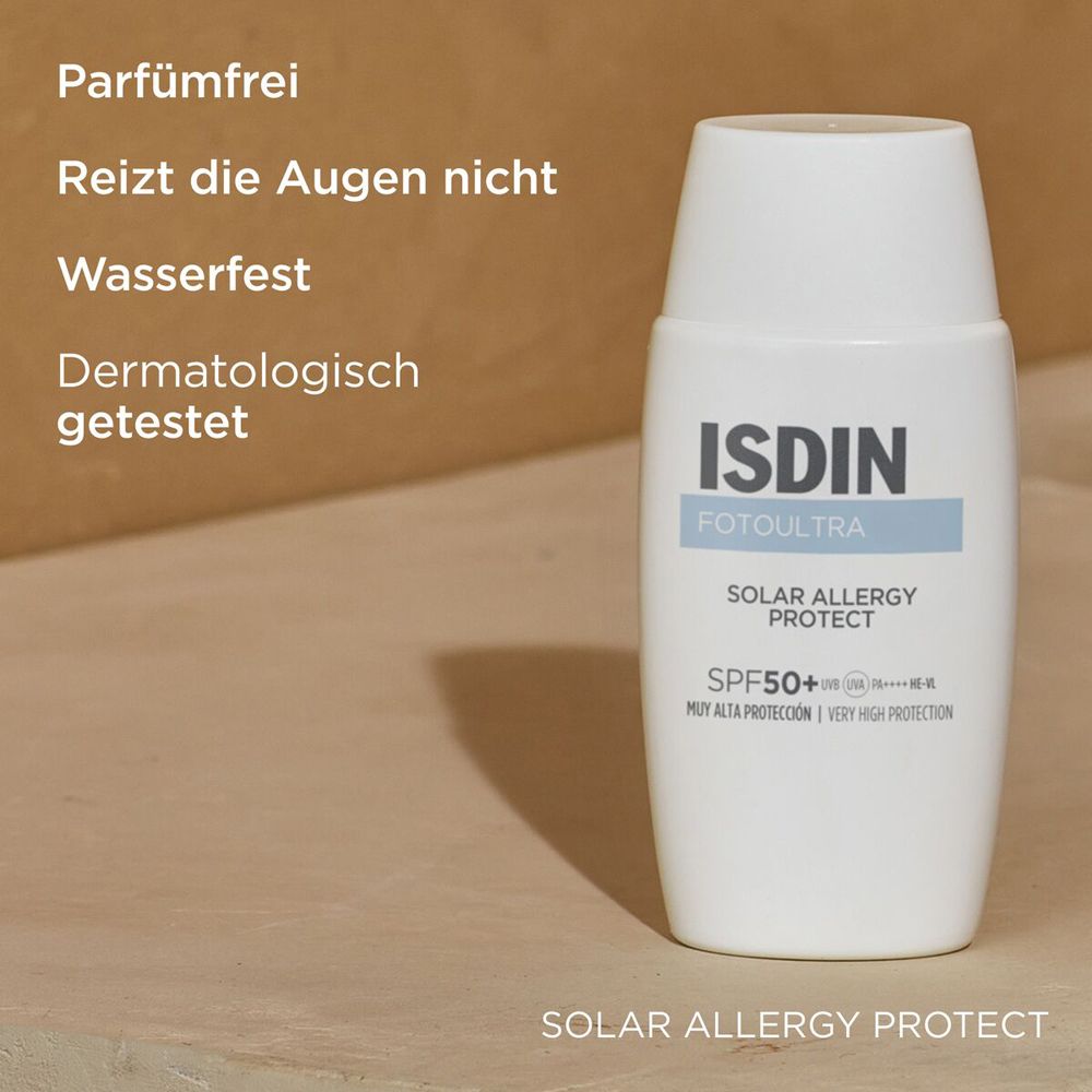 ISDIN FotoUltra Solar Allergy Protect Flasche. Text: Parfümfrei, reizt die Augen nicht, wasserfest, dermatologisch getestet.