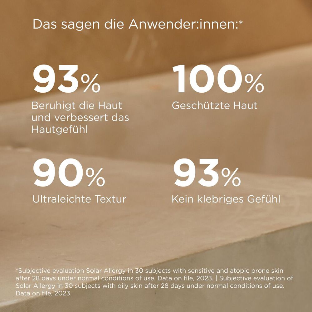 Text: 93% beruhigt die Haut, 100% geschützte Haut, 90% ultraleichte Textur, 93% kein klebriges Gefühl.