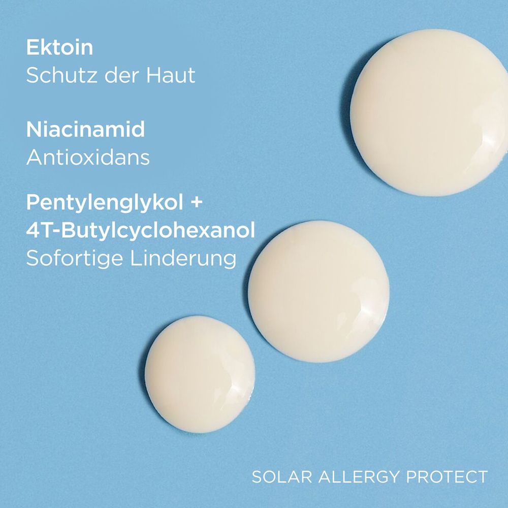Drei Tropfen. Text: Ectoin, Niacinamid, Pentylenglykol + 4T-Butylcyclohexanol.