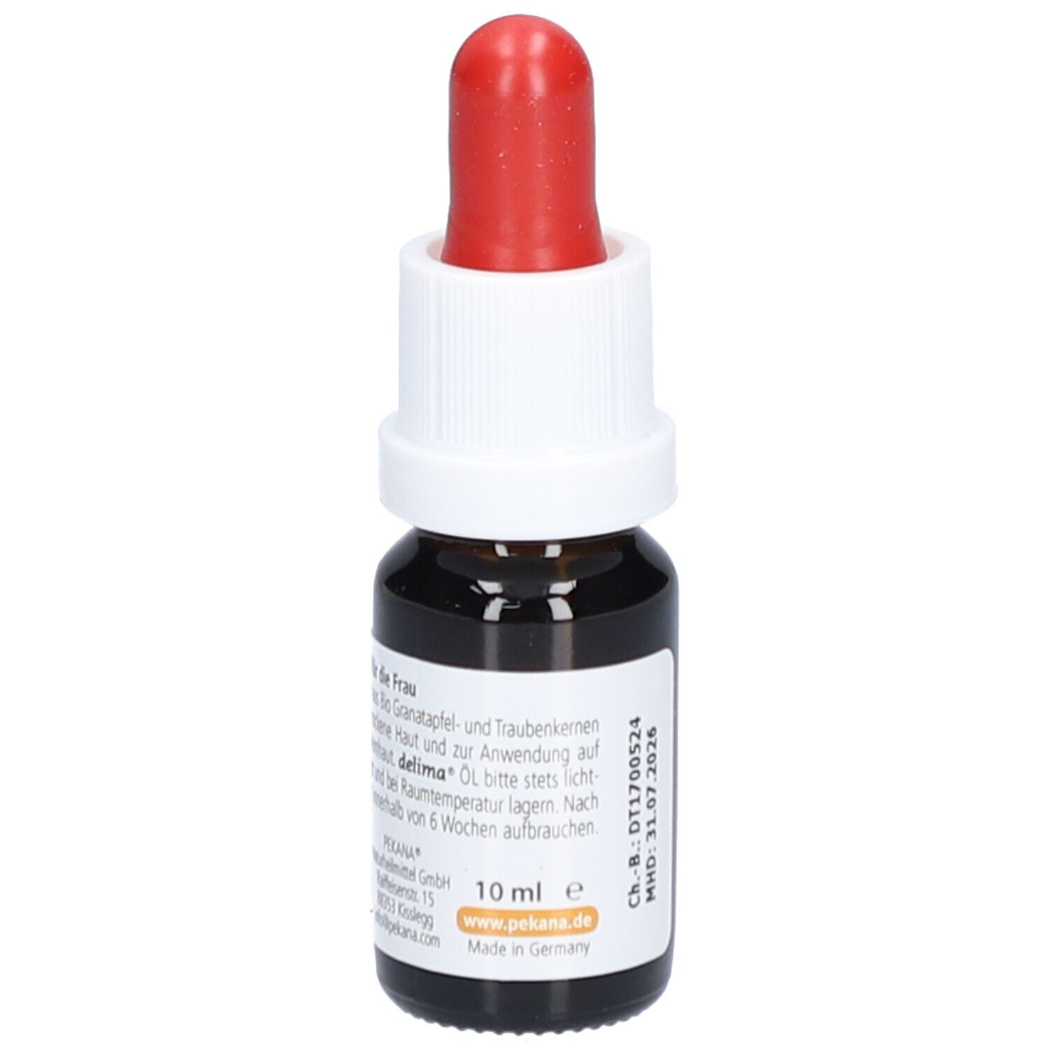 Braune Glasflasche mit roter Pipette. Etikett mit Text und Granatapfel. 10 ml. MHD: 31.07.2026.