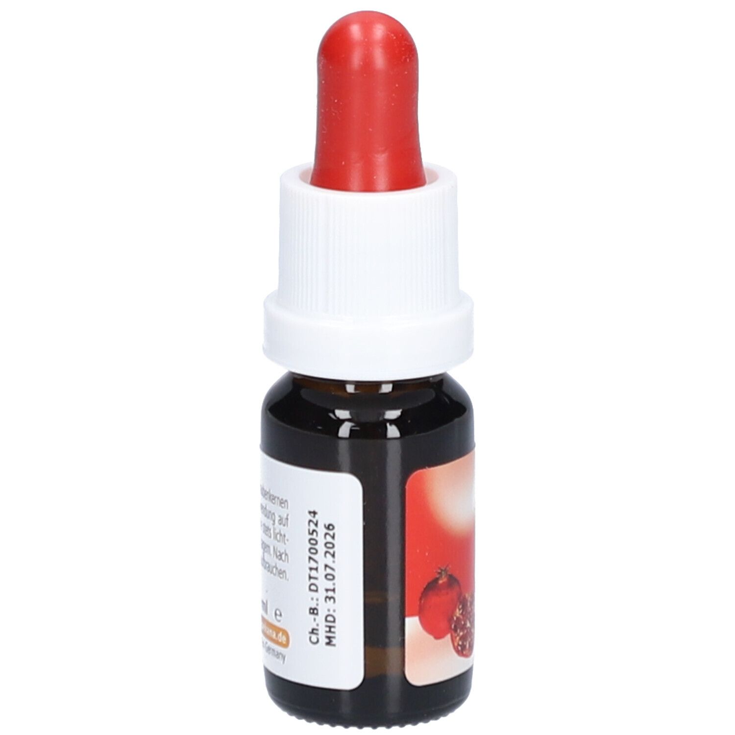 Braune Glasflasche mit roter Pipette. Etikett mit Text und Granatapfel. 10 ml. MHD: 31.07.2026.