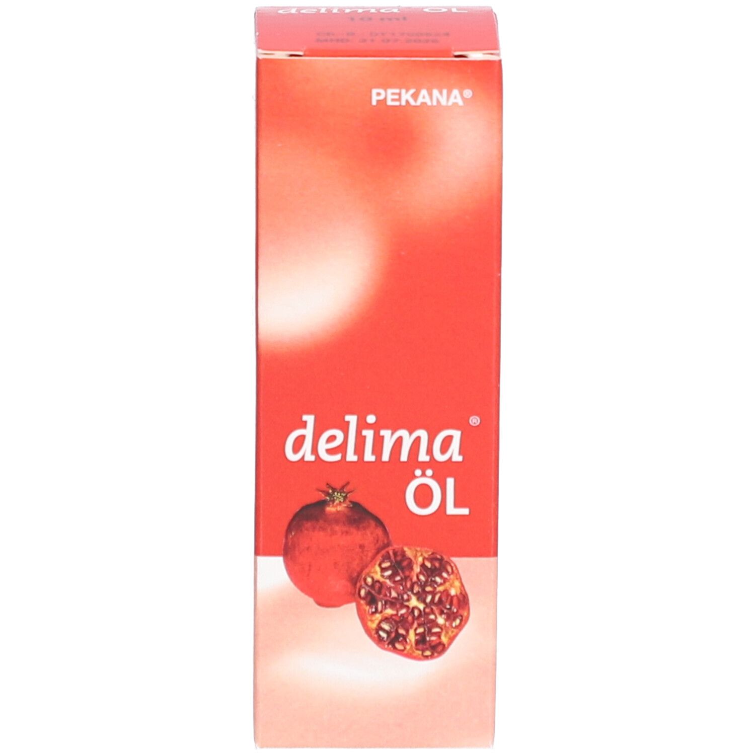 Produktverpackung. Roter Karton mit Text und Granatapfel-Abbildung. Pekana delima Öl.