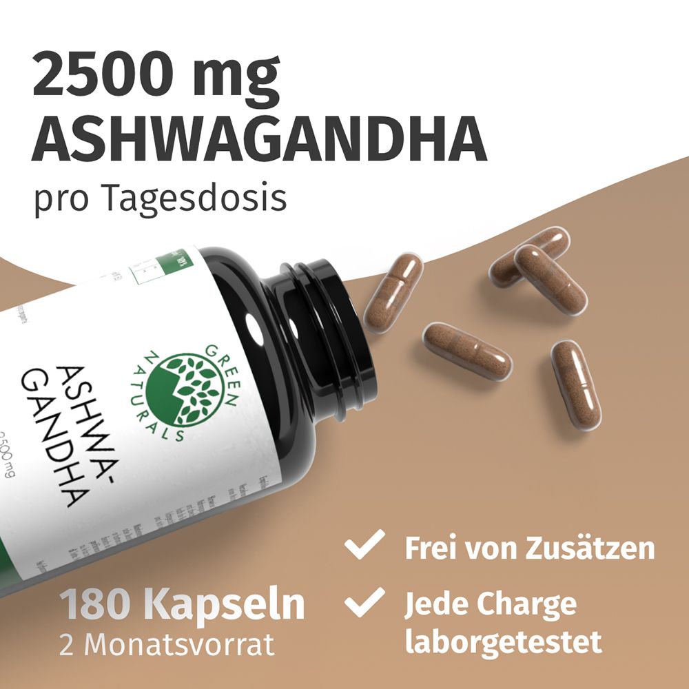Dose GREEN NATURALS Ashwagandha 2500 mg, 180 Kapseln. Lose Kapseln daneben.