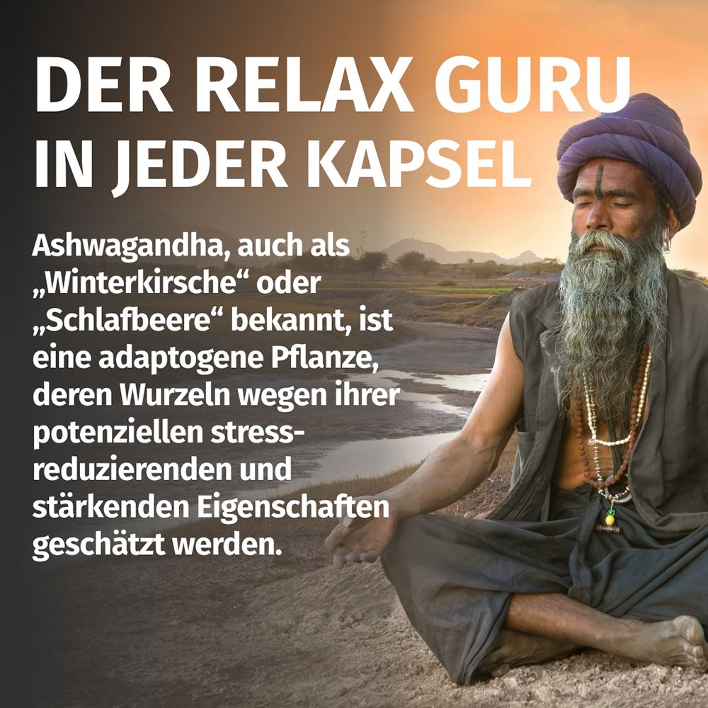 Meditierender Mann mit Text über Ashwagandha, auch bekannt als Winterkirsche.