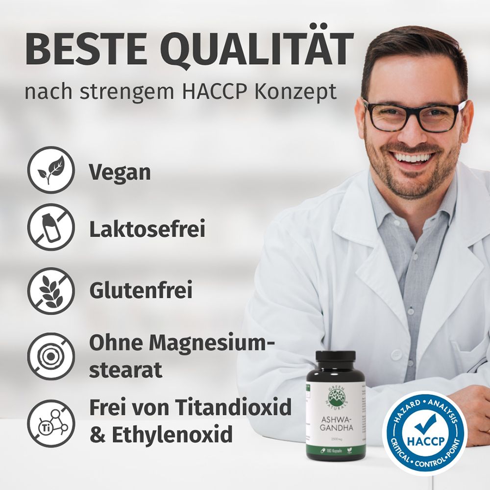 Mann im Arztkittel mit Dose Ashwagandha. Zertifikate: Vegan, Laktosefrei, Glutenfrei.