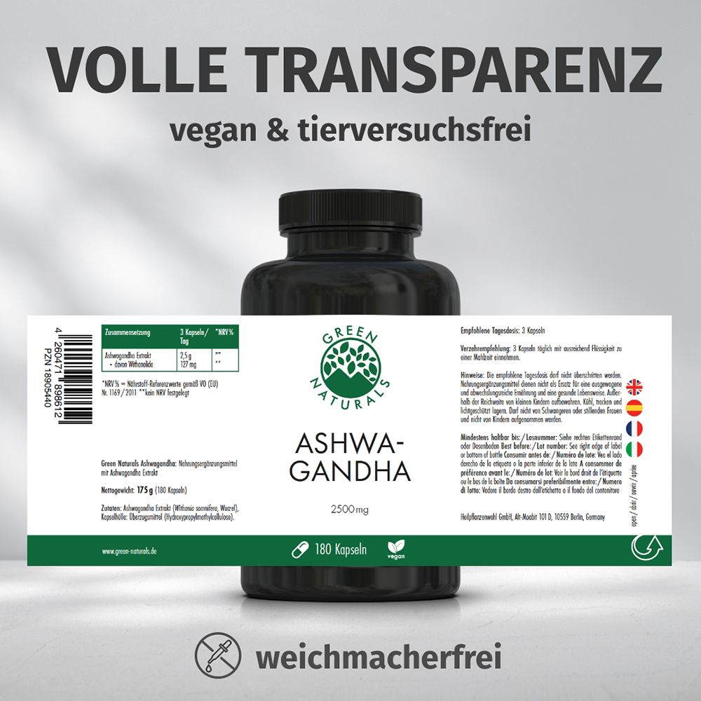 Rückseite Dose GREEN NATURALS Ashwagandha mit Etikett und Siegeln.
