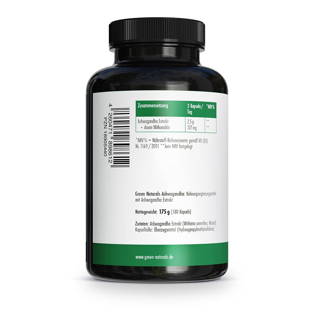Seitenansicht Dose GREEN NATURALS Ashwagandha mit Etikett.