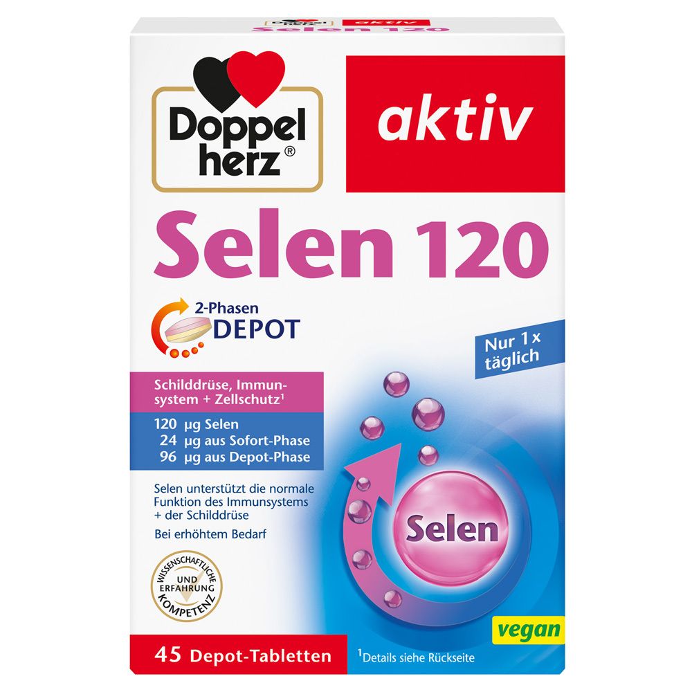 Doppelherz Selen 120 2-Phasen Depot Tabletten-Packung. Enthält 45 Tabletten. Mit 120 µg Selen. Vegan.