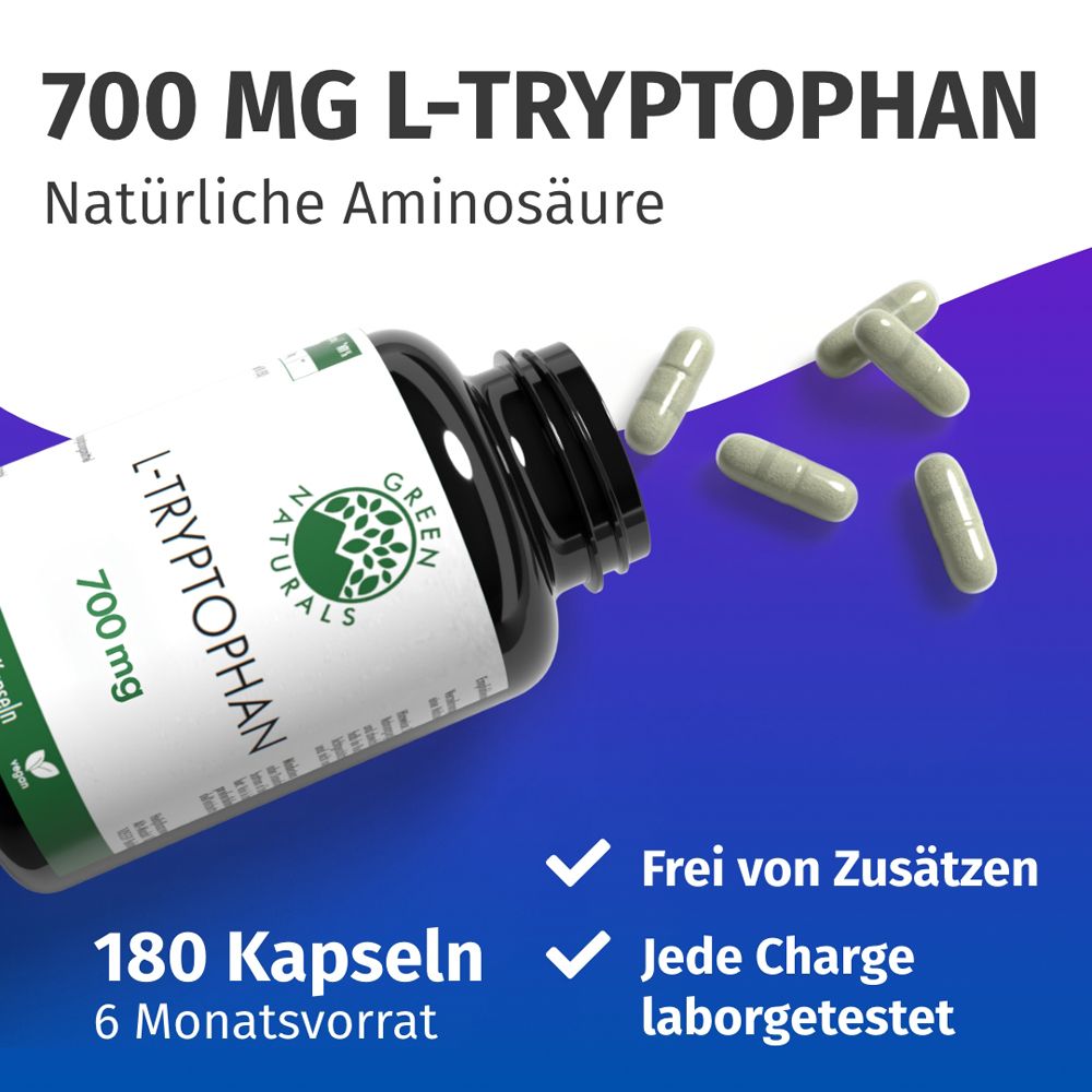 Green Naturals L-Tryptophan 700 mg, 180 Kapseln, vegan, frei von Zusätzen.
