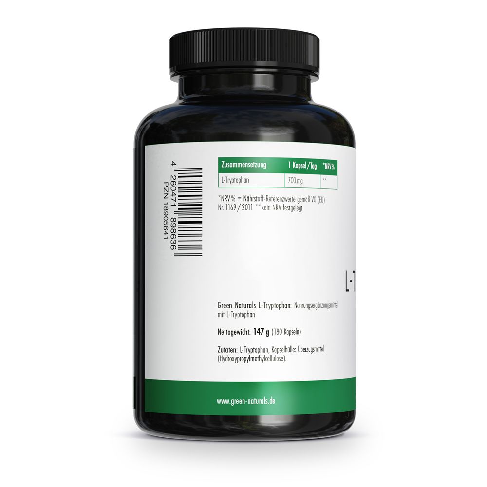 Rückseite der Green Naturals L-Tryptophan 700 mg Kapseln mit Nährwertangaben.