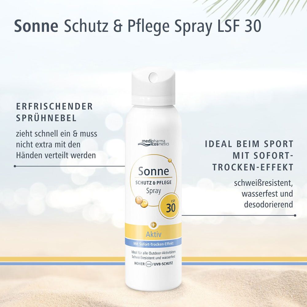 Aerosolspray mit Text: Sonne, Schutz & Pflege Spray LSF 30, Aktiv. Text: Ideal beim Sport mit Sofort-Trocken-Effekt.