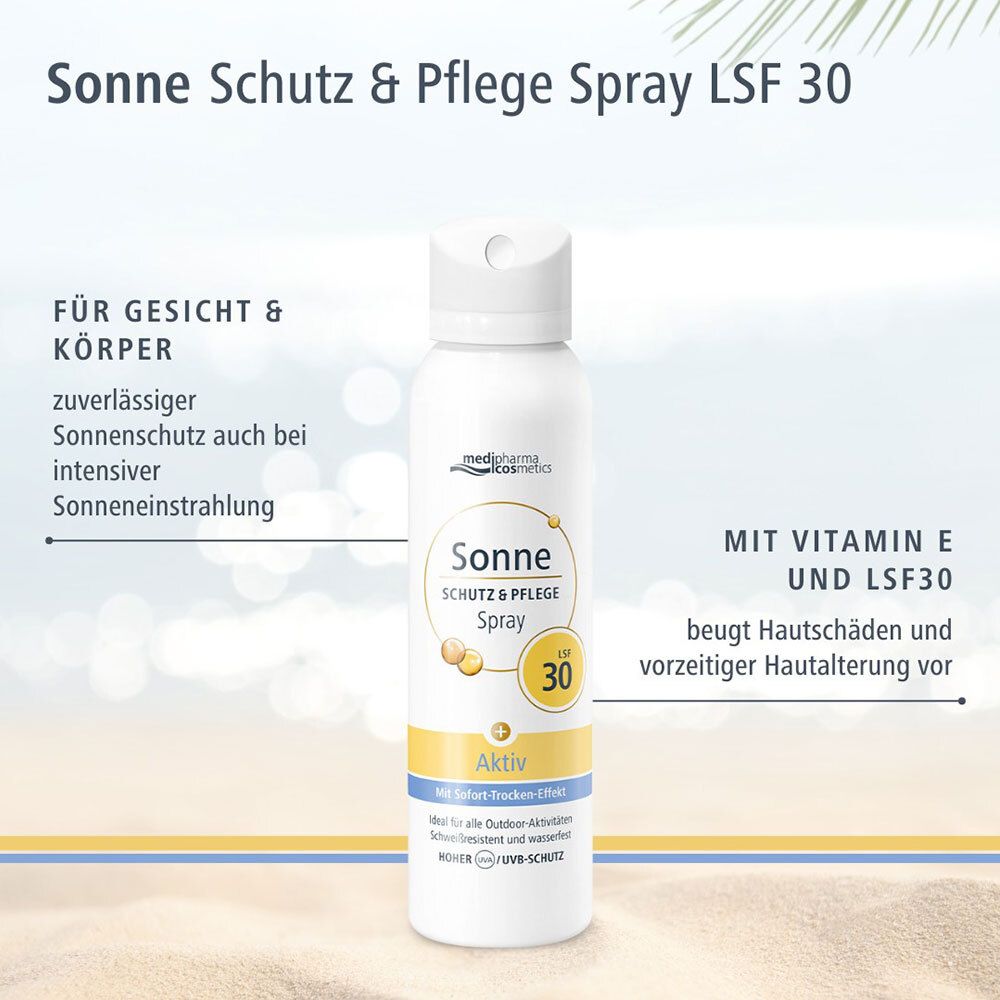 Aerosolspray mit Text: Sonne, Schutz & Pflege Spray LSF 30, Aktiv. Text: Für Gesicht & Körper, mit Vitamin E und LSF30.