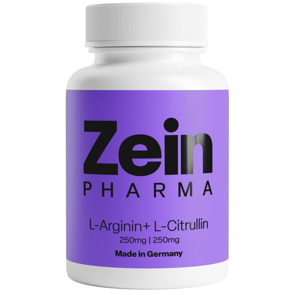 Weiße Flasche mit lila Etikett. Aufschrift: Zein Pharma, L-Arginin+L-Citrullin, 250mg | 250mg. Made in Germany.