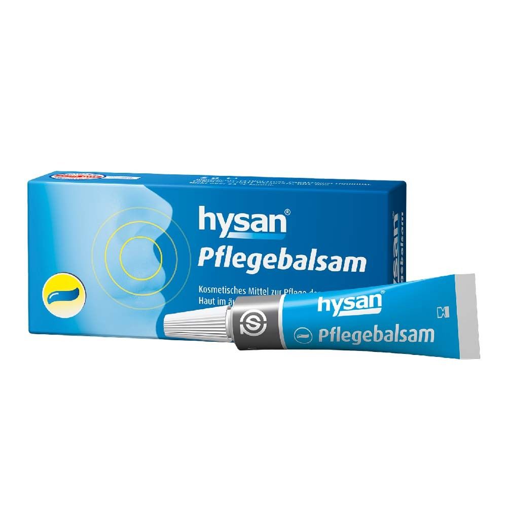 Blau-weiße Verpackung und Tube. Aufschrift: hysan® Pflegebalsam. Kosmetisches Mittel für die Haut.