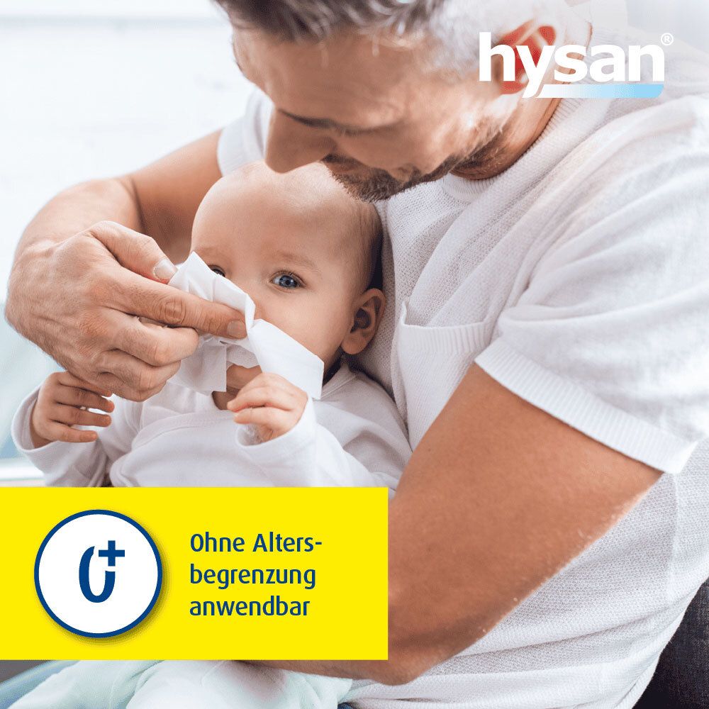 Ein Mann wischt einem Baby die Nase mit einem Taschentuch. Gelbes Feld mit Text: Ohne Altersbegrenzung anwendbar.