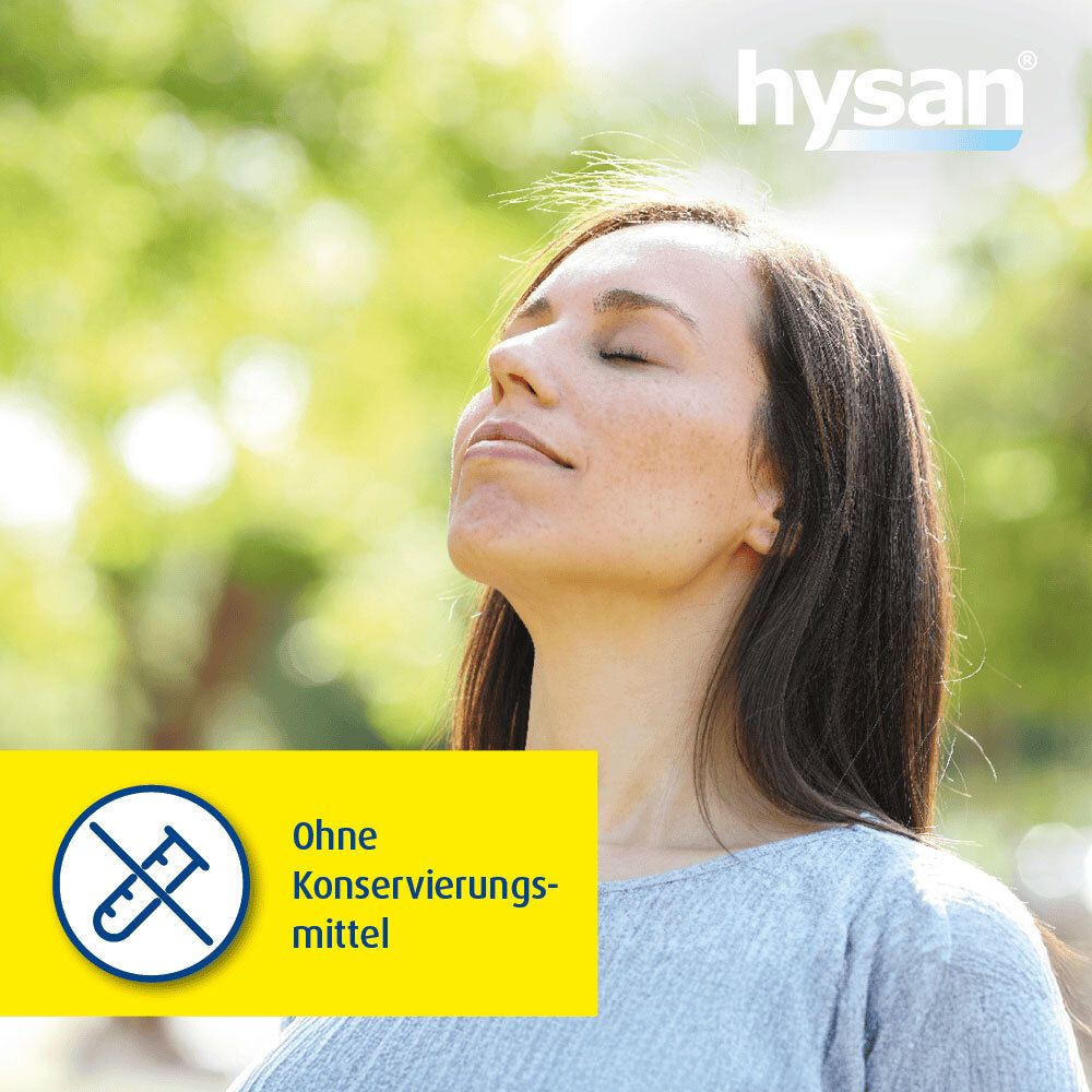 Eine Frau atmet im Freien. Gelbes Feld mit Text: Ohne Konservierungsmittel.