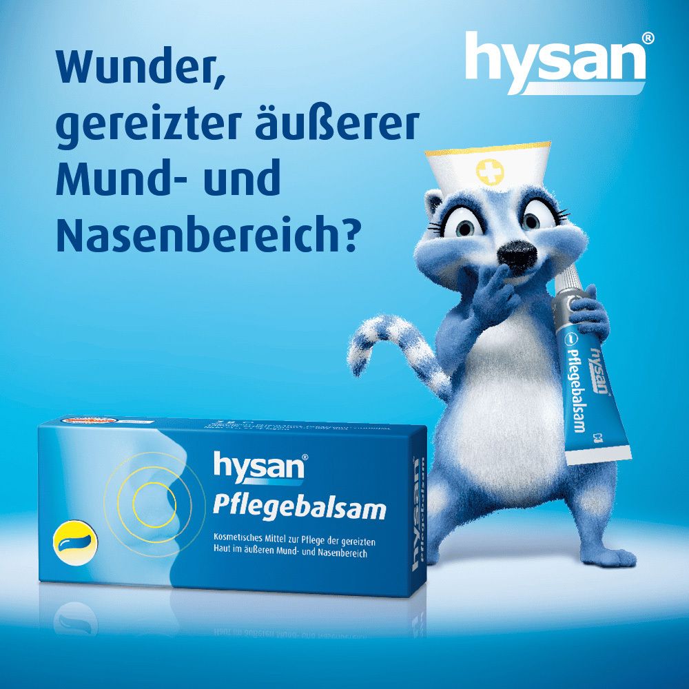 Ein Waschbär mit Krankenschwestermütze hält eine Tube. Verpackung und Tube mit Aufschrift: hysan® Pflegebalsam.