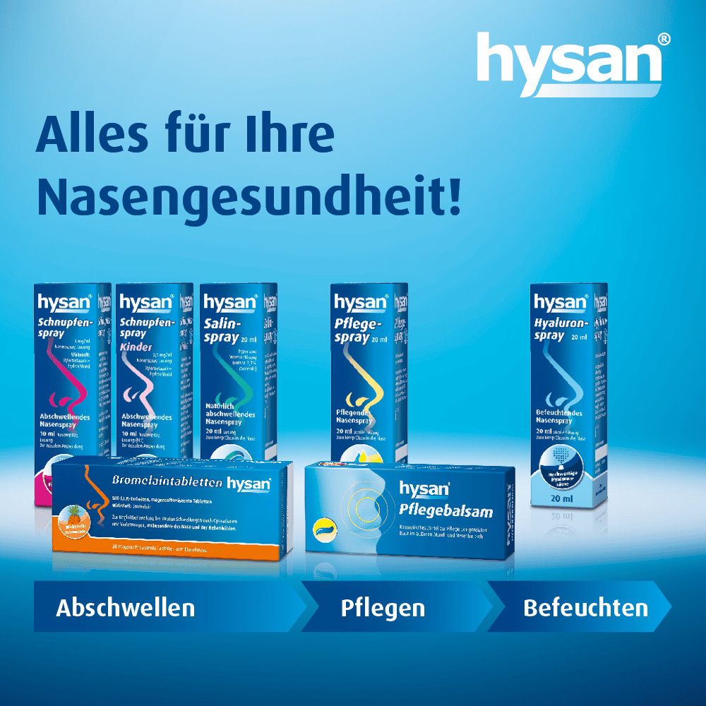 Verschiedene hysan® Produkte. Verpackungen mit Aufschriften: hysan® Schnupfen-Spray, Salin-Spray, Pflegebalsam.
