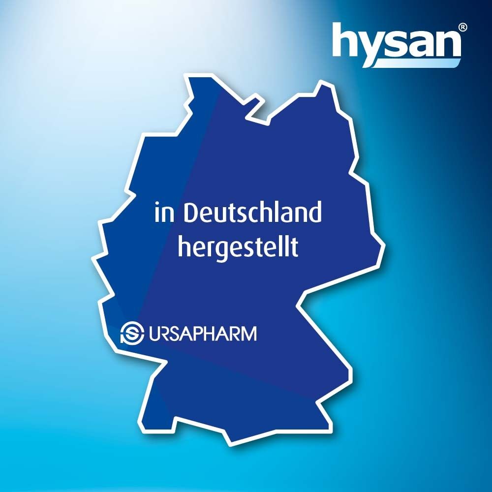 Blaues Deutschland-Umriss. Text: in Deutschland hergestellt. Logo: Ursapharm.