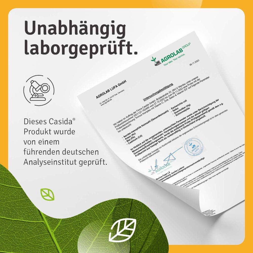 AGROLAB LUFA GmbH-Zertifikat. Casida® Produkt geprüft von deutschem Analyseinstitut. Gelber Hintergrund.