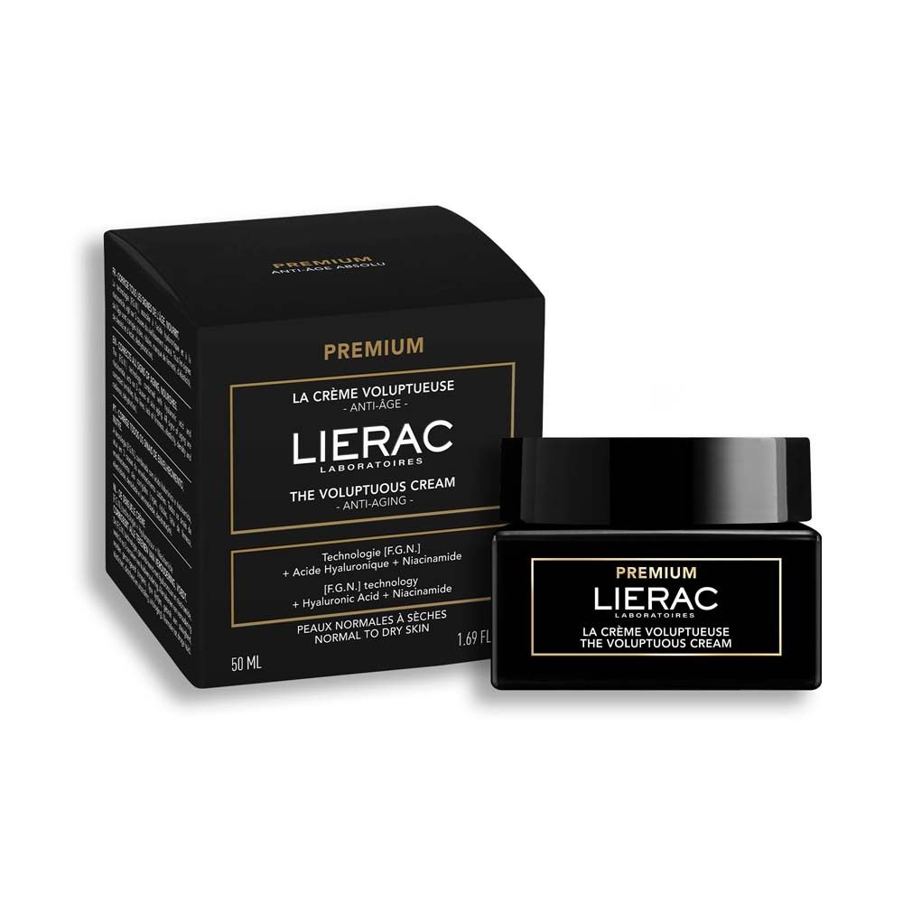 Schwarzer Karton und Tiegel. Aufschrift: PREMIUM LIERAC. Text: LA CRÈME VOLUPTUEUSE. 50 ml.
